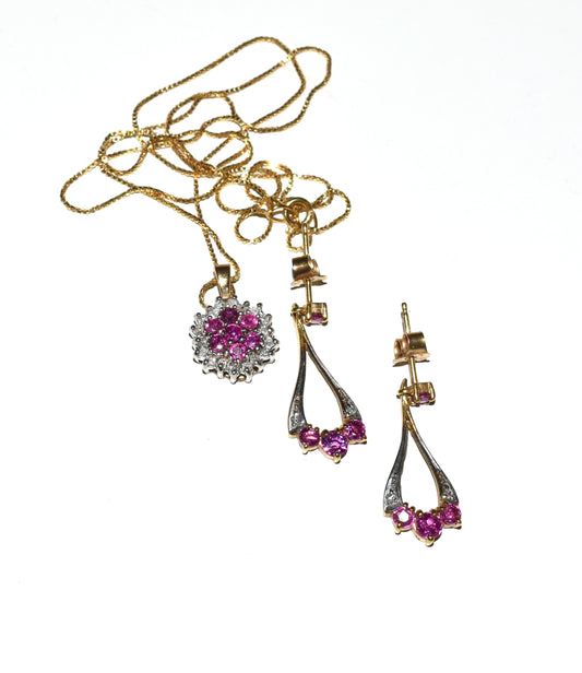 9ct Gold Ruby Pendant Necklace & Matching Drop Earrings