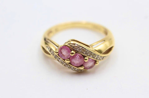 9ct Gold Ladies Dress Ring with Pink Stones & Diamonds