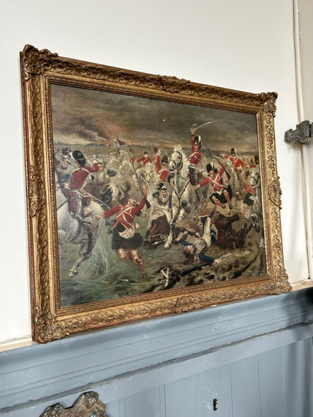 SOLD - Antique Oil Painting Scots Guards Fighting  French Cavalry