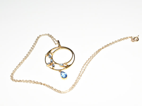 Edwardian Style Gold Seed Pearl Necklace Blue Stone Pendant 9ct