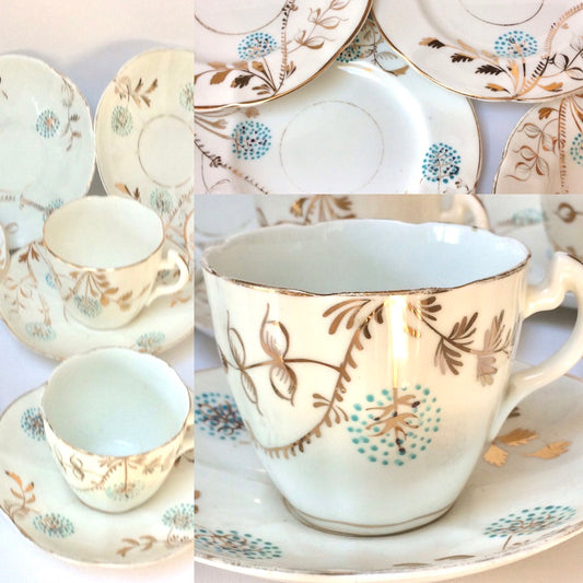 Antique Teacups & Saucers White & Blue