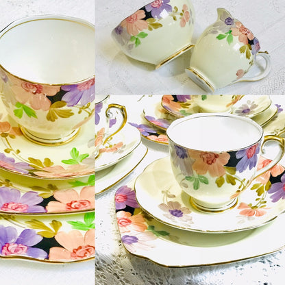 Roslyn China Art Deco Pink Purple Flower Teacups Tea Set 