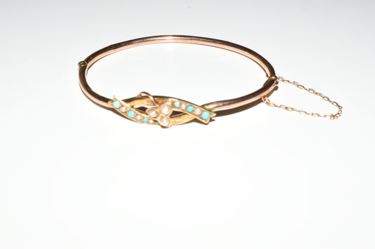 Edwardian 9ct Gold Turquoise & Seed Pearl Ladies Bracelet