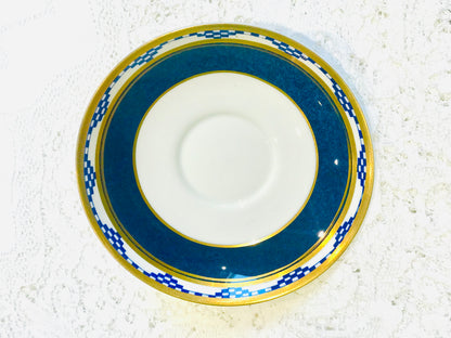 Juego de té Art Déco geométrico en azul y dorado 