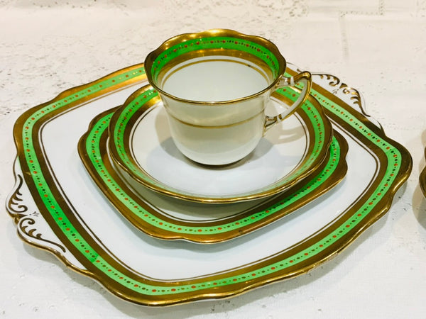 Tazas de té y platillos Art Deco Roslyn Verde