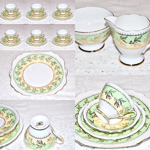 Gladstone English Vintage fine bone china afternoon tea set teacups & saucers green gold 