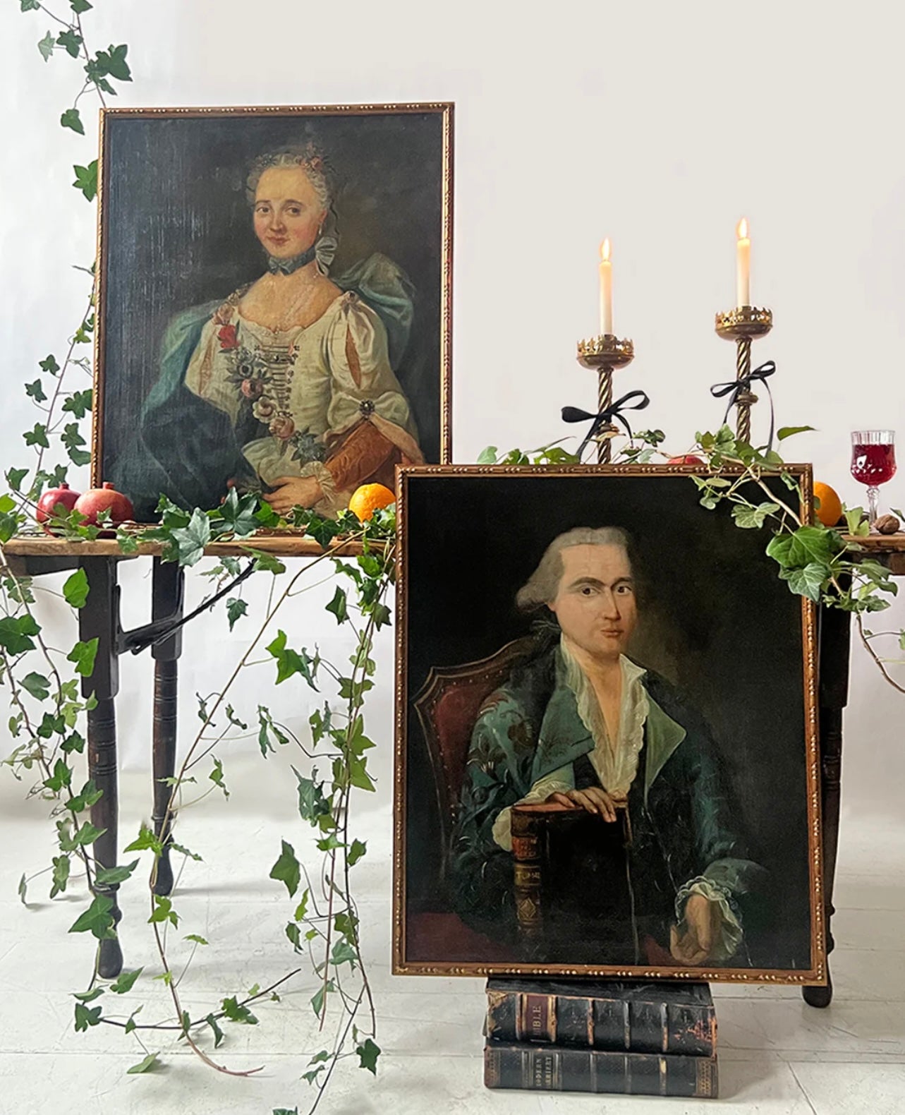 Antique Oil on Canvas European Nobility a pair of portrait paintings framed