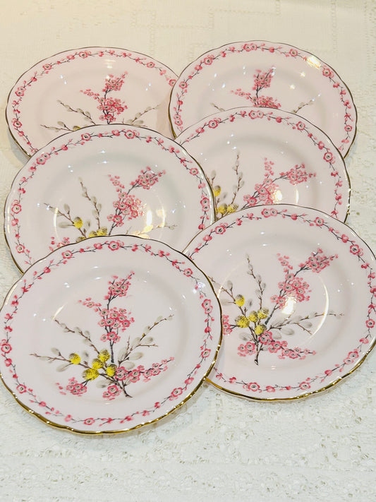A set of 6 small Tuscan April Beauty Pink Plates. Excellent condition.  Perfect afternoon tea plates for a muffin, macaroon or petit four.   A pretty vintage set made in England by Tuscan China in their "April Beauty" pattern. Fine bone china in a pink colourway displaying a spray of spring flowers. The pattern is repeated throughout with gilding detail applied.   Diameter 5”. Fully backstamped.