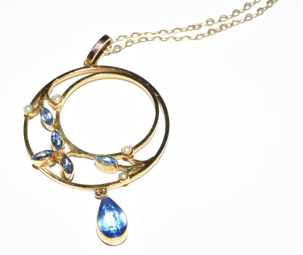 Edwardian Style Gold Seed Pearl Necklace Blue Stone Pendant 9ct