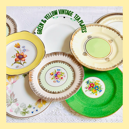 6 Vintage Green & Yellow Tea Plates