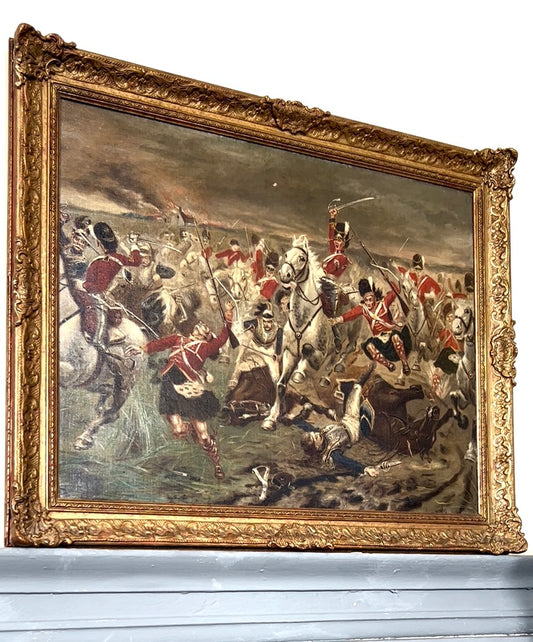 Gilt Framed Oil Painting on Canvas Military Battle  Allegory Scots Guards & Cavalry