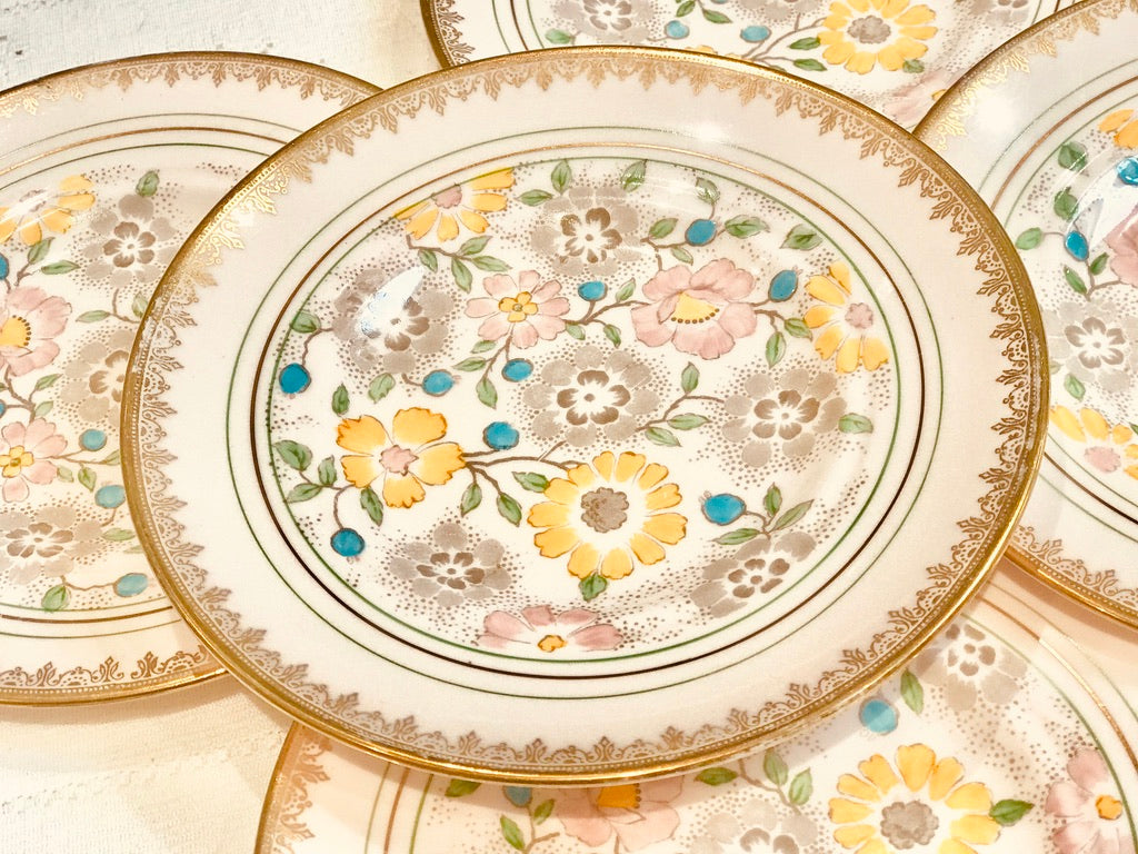 Tuscan China a set of 6 pale pink gold rimmed dessert/tea/side plates and a larger cake/serving plate for afternoon tea vintage English fine bone china 