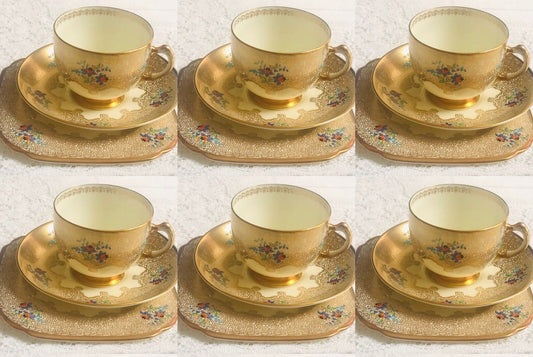 Raro juego de tazas de té de porcelana toscana dorada de 1930