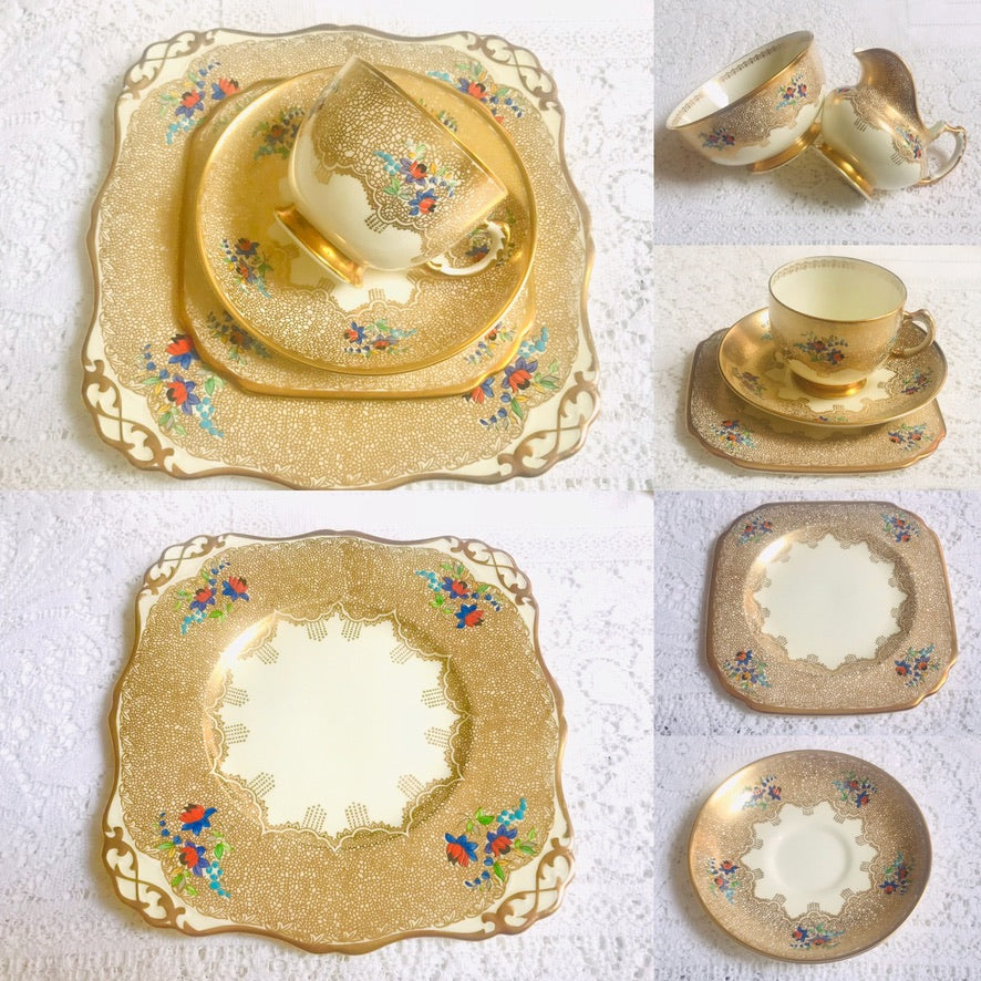 Tuscan China Art Deco Gold Vintage Tea Set teacups & saucers made in England for Afternoon Tea