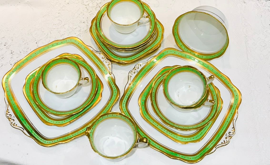 Roslyn China a green white and gold Art  Deco part tea set made in England afternoon tea china 