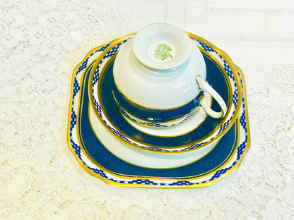 Juego de té Art Déco geométrico en azul y dorado 