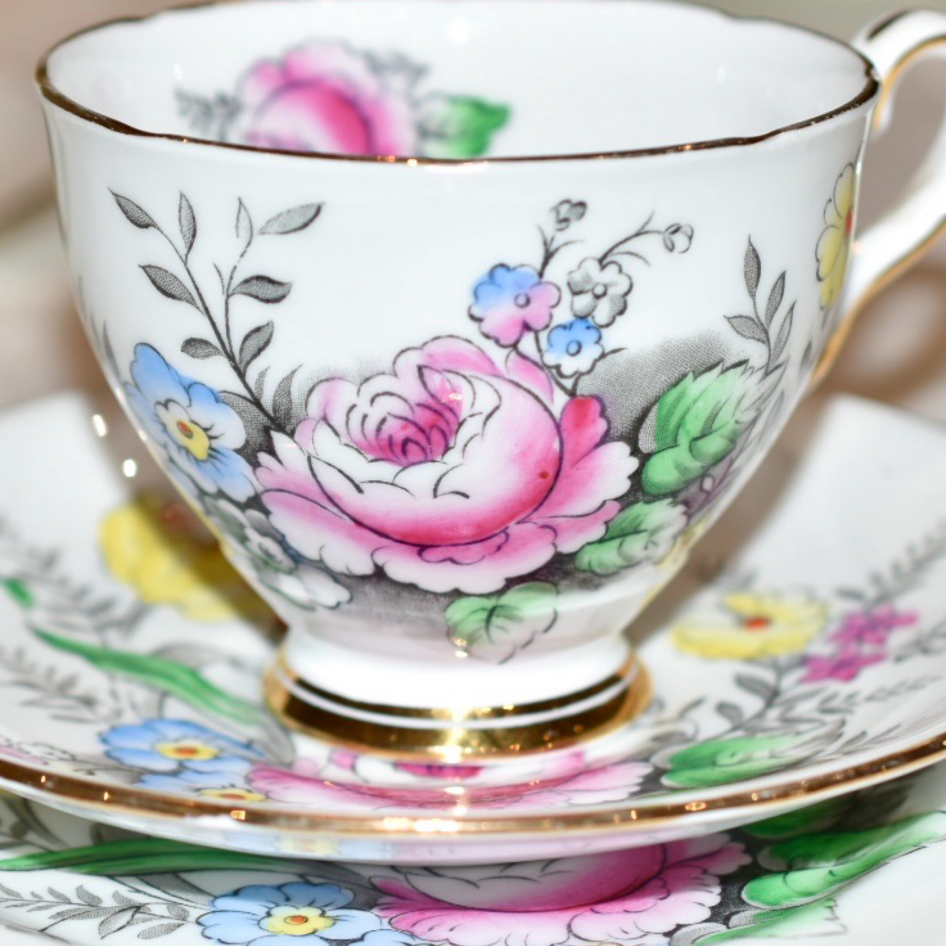 Royal Stafford China. A pretty hand painted tea cup saucer and matching tea plate for a Vintage Afternoon Tea. Bright floral spray of pink blue and yellow summer garden flowers.  Gilding Detail on the rims. Bold colourful and pretty, in very good condition.  The pattern is called "Rosebud". 