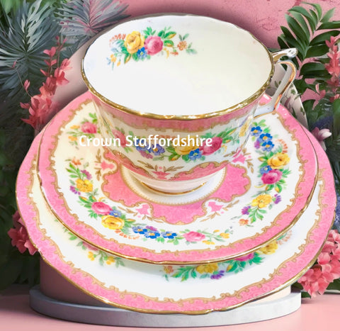 CROWN STAFFORDSHIRE pink floral Teacup Trio