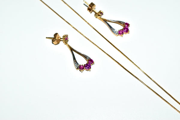 9ct Gold Ruby Pendant Necklace & Matching Drop Earrings