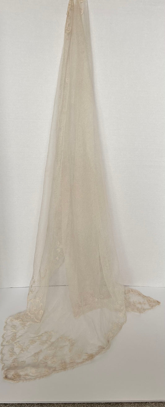 Vintage Hand Embroidered Hand Stitched Bride Wedding Veil.  Made in England.  Off White 