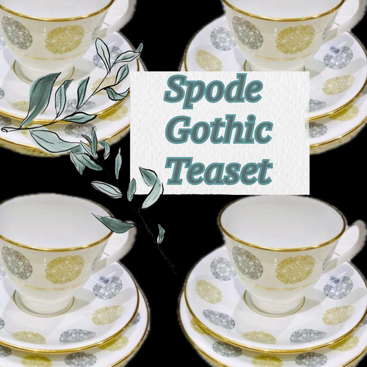 Spode English China, Pattern Number Y80/10 The pattern is called “Gothic”. &nbsp;Vintage and pre owned in &nbsp;very Good condition. &nbsp; &nbsp;A 21 piece set for 6 people. The Spode pattern “Gothic”Y8010 was produced between 1963-1971 - intricately patterned circular lozenges, which closely resemble the tracery of stained-glass windows in Cathedrals. 
