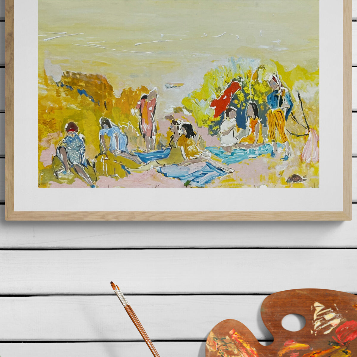 A contemporary acrylic oil painting on board. The scene is a a ladies summer picnic. Signed by the Artist in the bottom left hand corner. This piece of colourful wall art will brighten up any room. It can be hung with or without a frame. 