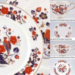 Aynsley Dinner Service Pattern Birds of Paradise Large set of plates and bowls for 8 people, fine porcelain replacements