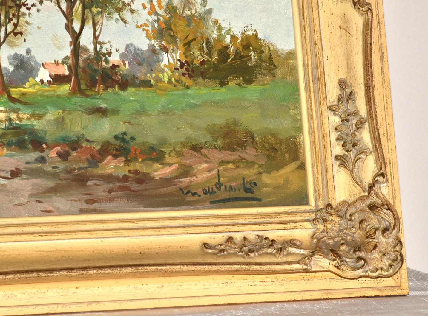 Pintura al óleo enmarcada de paisaje holandés sobre lienzo