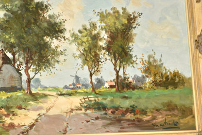 Pintura al óleo enmarcada de paisaje holandés sobre lienzo