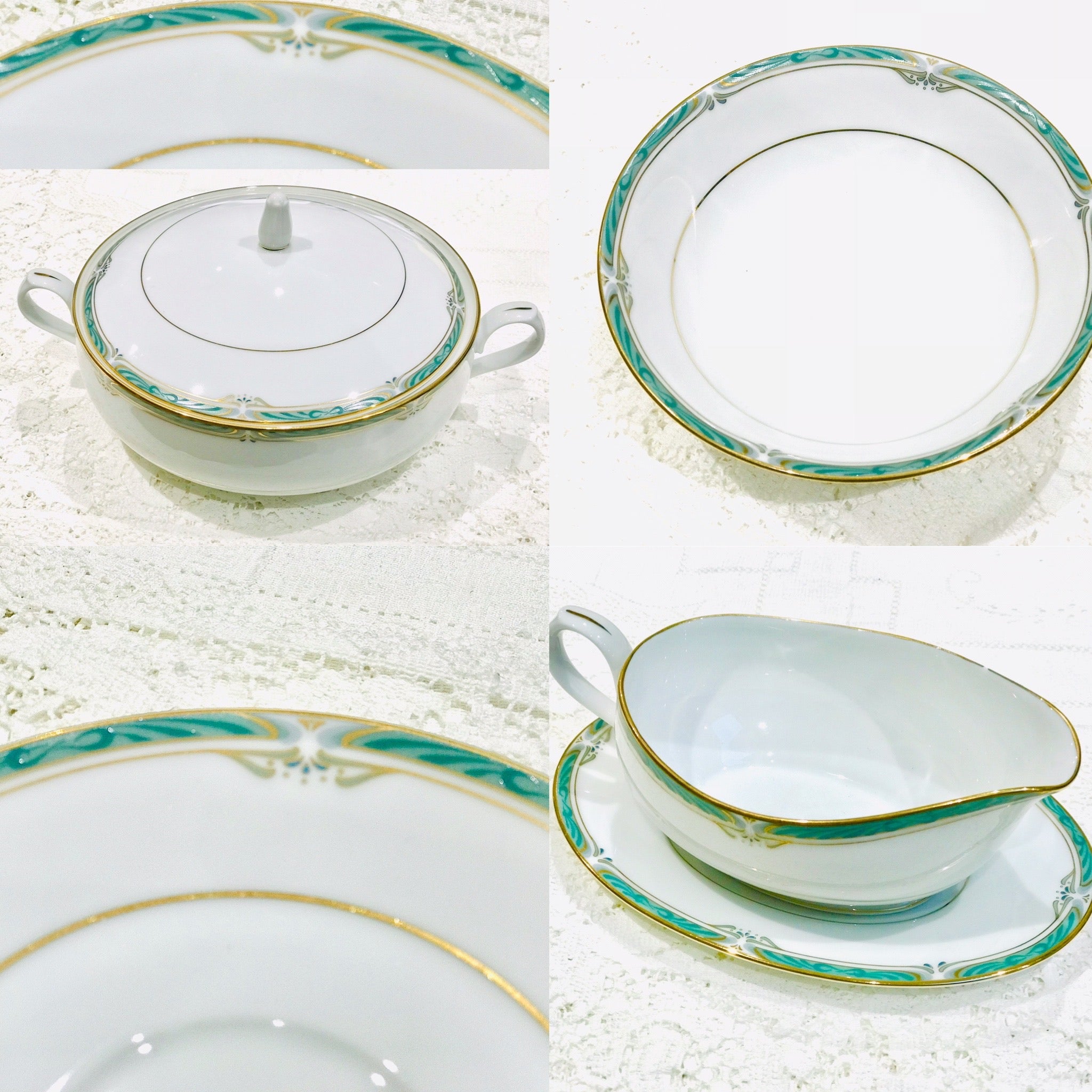 Noritake Porcelain Dinner Set for 4 includes dinner plates and bowls, the  pattern is called Glenabbey, Replacements, colour green and white, 