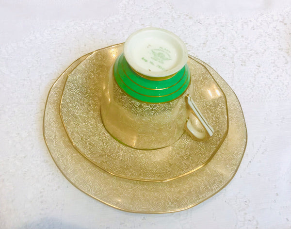 Bold Green & Gold Art Deco Tuscan China Teacup & Saucer Set