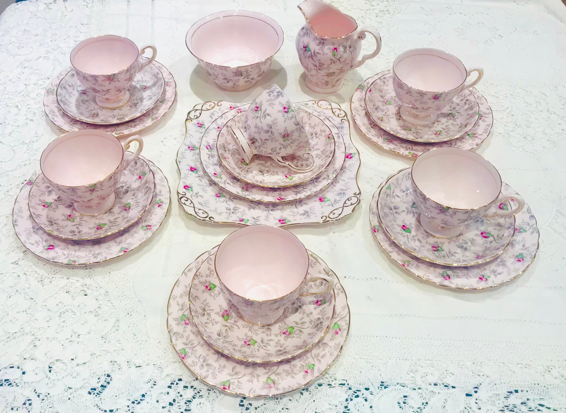 Tuscan Pink Rose Vintage Teacups & Saucers