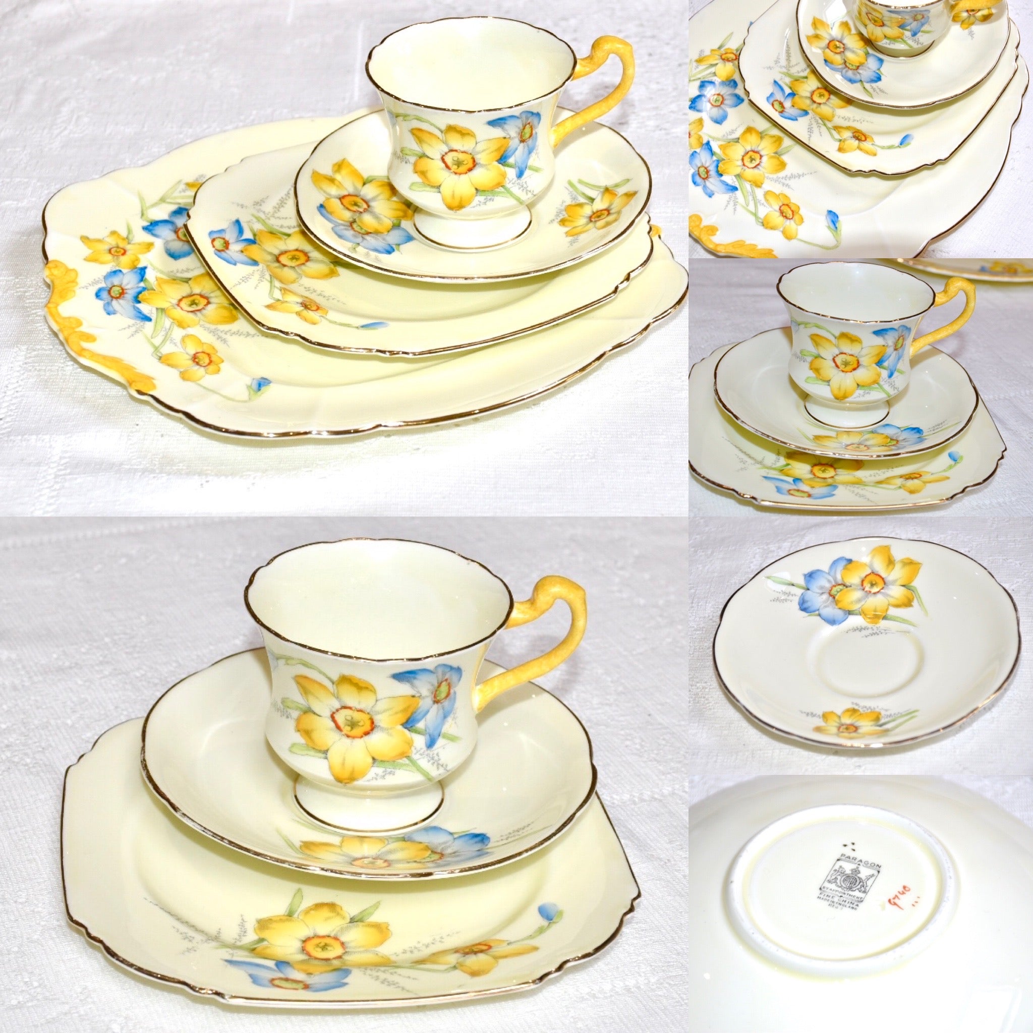 Paragon Art Deco English bone china Tea Set Narcissus Daffodil blue and yellow flowers 