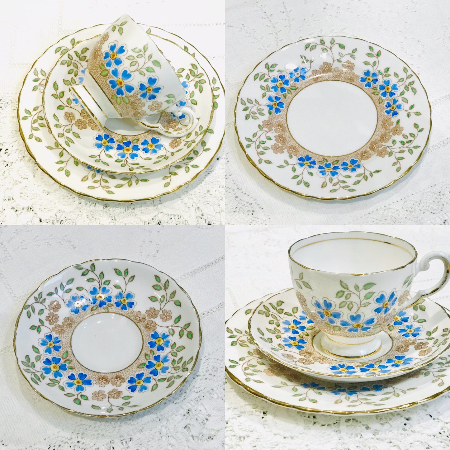 Bonitas tazas de té y platillos toscanos florales en azul y blanco