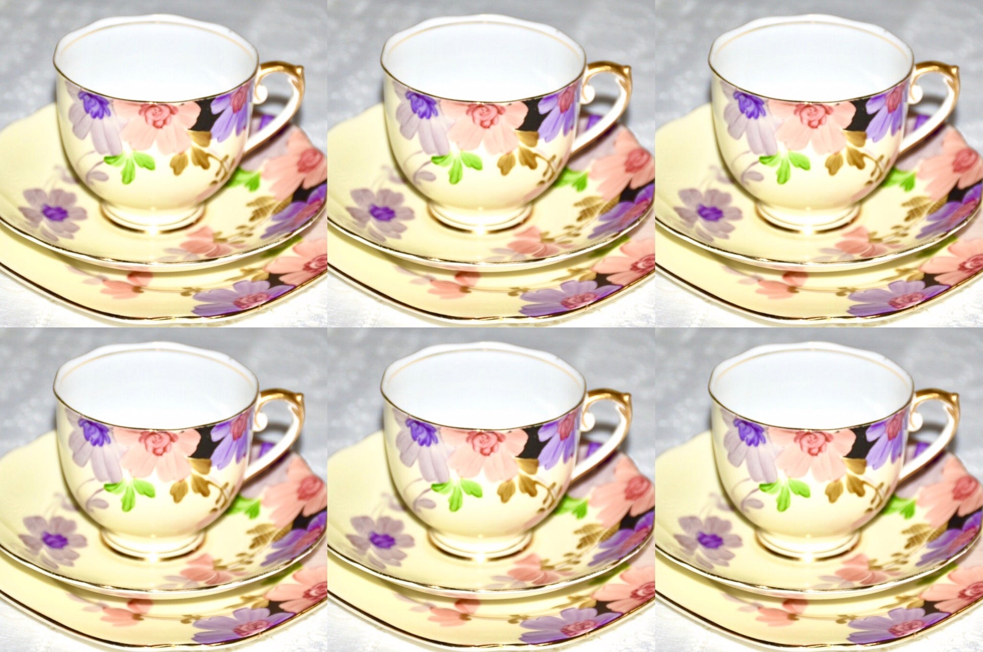 Roslyn Vintage English fine bone china a tea set for 6 people for afternoon tea.  Pink and purple flowers.  Matching tea cups saucers and tea plates with gold trim
