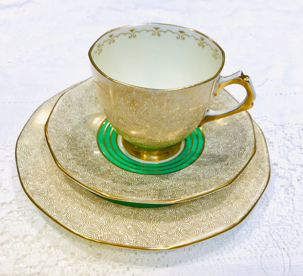 Tuscan English bone china Art Deco Teacups & Saucers made in England Green Gold Afternoon Tea China s