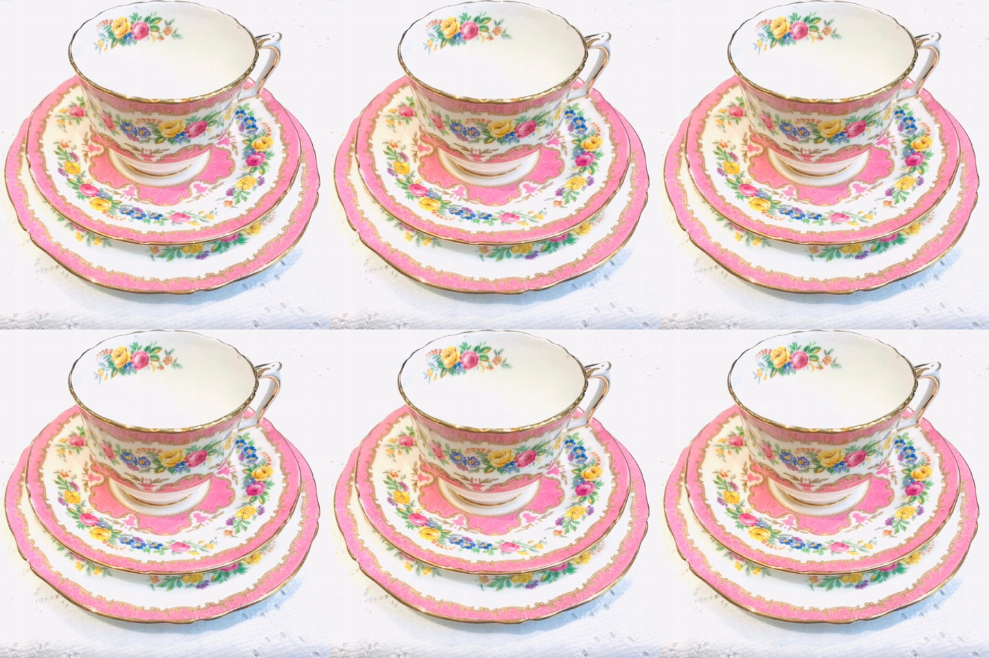 Juego de té floral rosa de los años 50 Crown Staffordshire