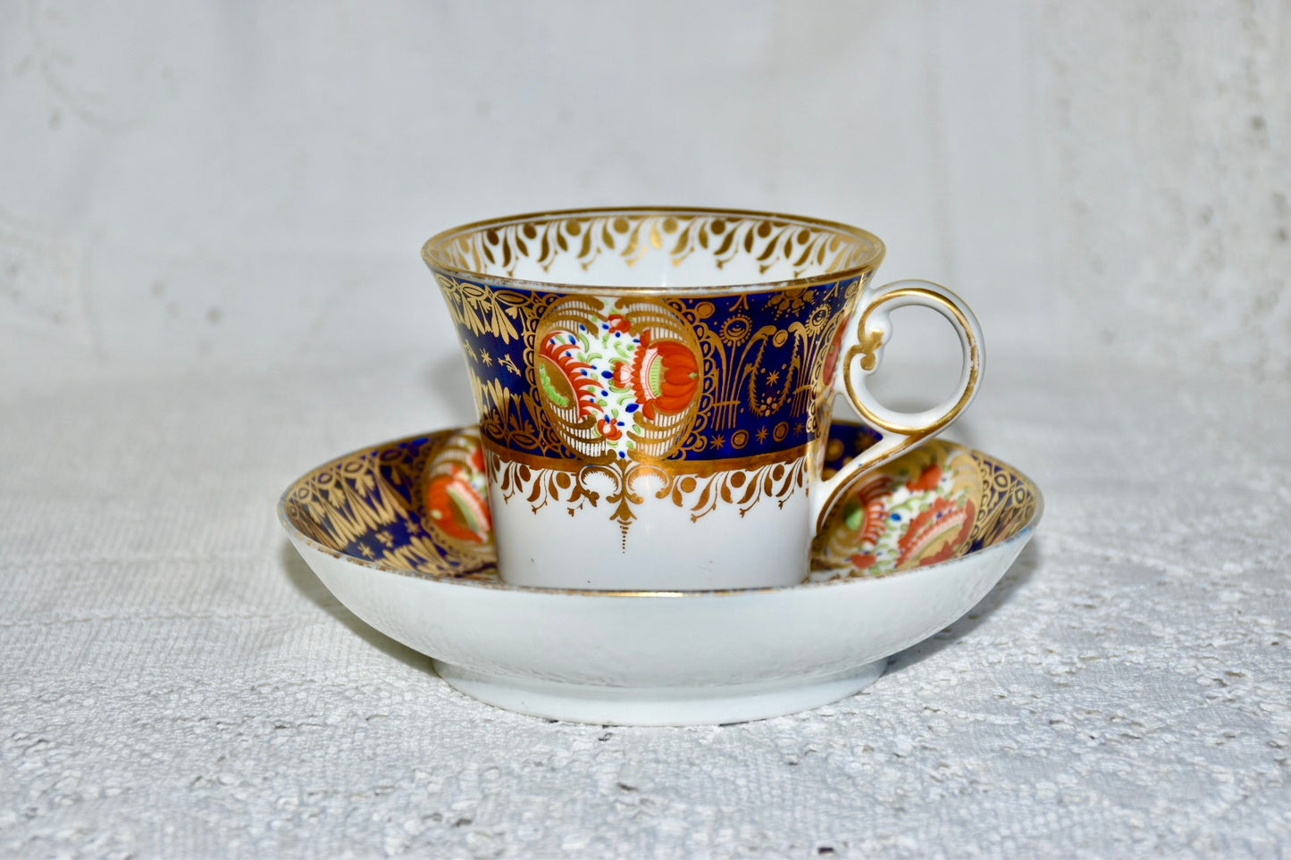 Antique English Porcelain Teacup and Saucer Imari Derby design 19th century 