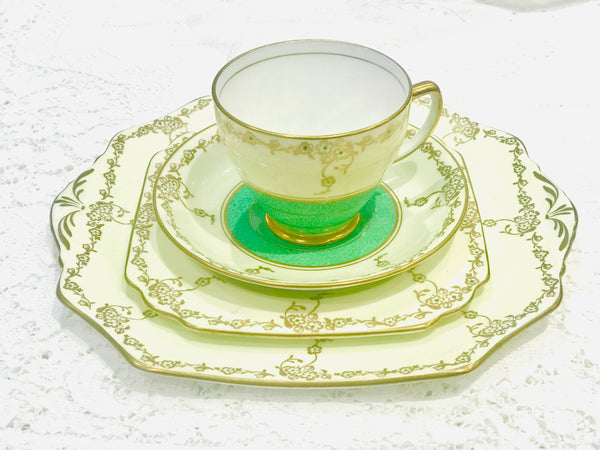 Art Deco Vintage Teacup & Saucer Trio/Cake Plate - 4 piece set Old Royal China Green/Primrose