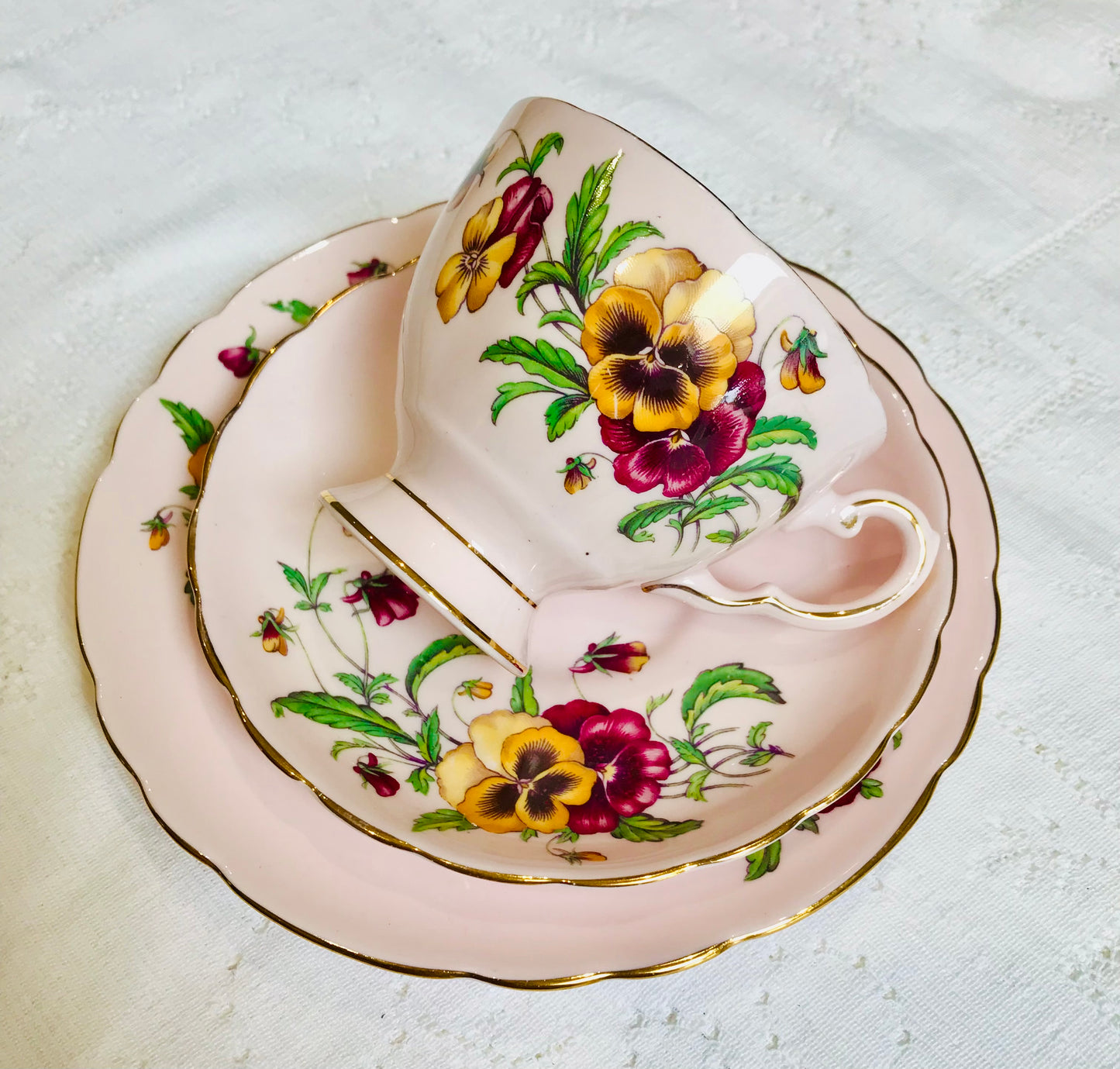 Tuscan pink teacup saucer set Pansay flowers