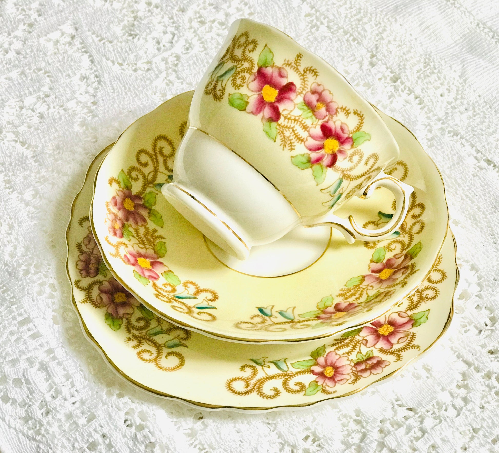 Pretty vintage Afternoon Teacups Colclough English bone china for afternoon tea teacup saucer and tea plate yellow pink flowers