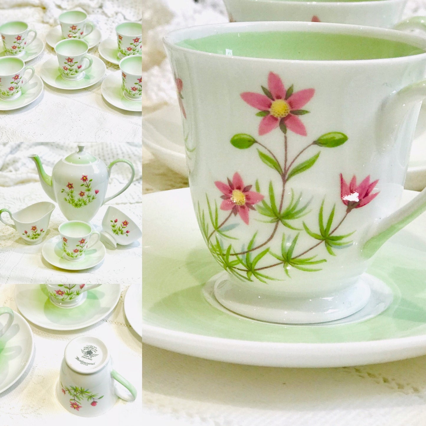 Vintage Coffee Set by Tuscan China in England ceramic Cups Saucers Coffee Pot pretty summer flowers