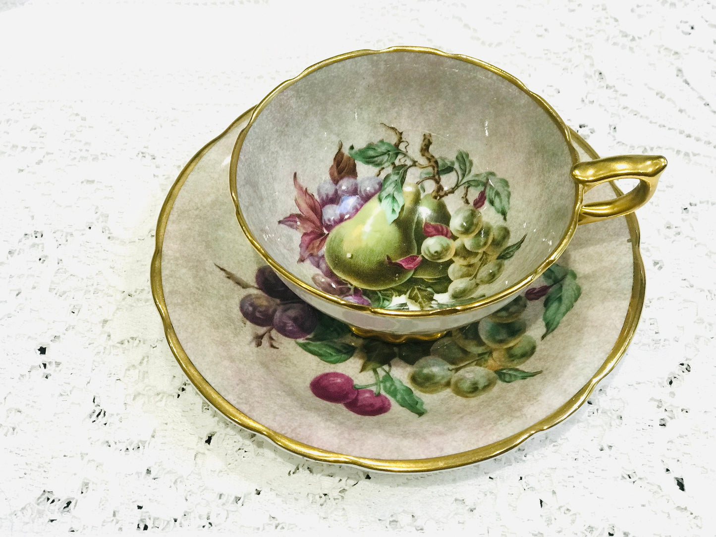Salisbury China Teacup Saucer Vintage from England Glazed painted fruit detail