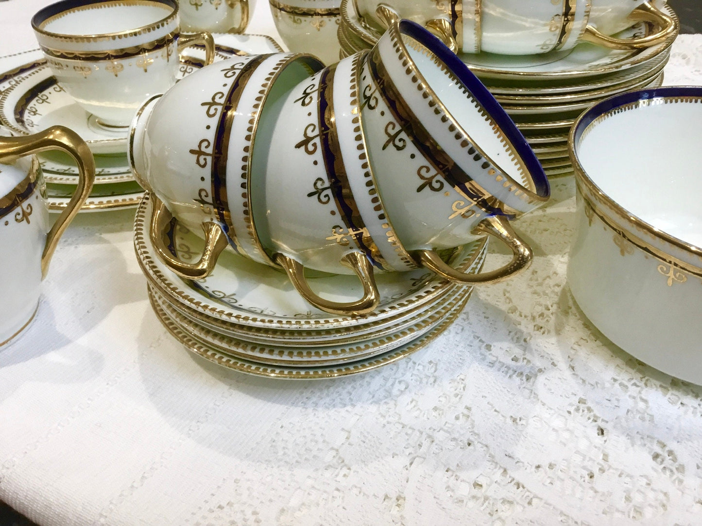 Antique English bone china Tea set white blue teacups and saucers Diamond China Company