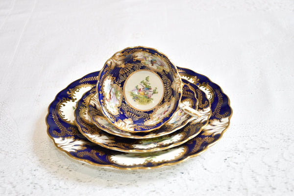 Antique Crescent China Teacup Saucer Set 4 Piece Cobalt Blue Hand painted birds