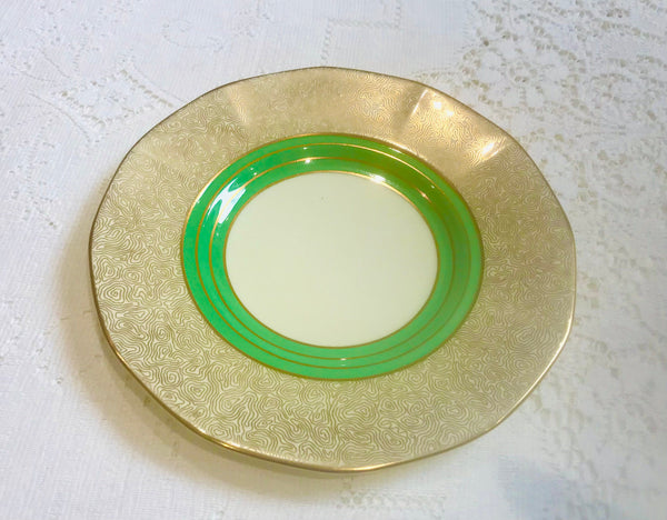 Dazzling Tuscan Art Deco Teacup trio Green and Gold china teacups saucers plates English vintage afternoon tea china
