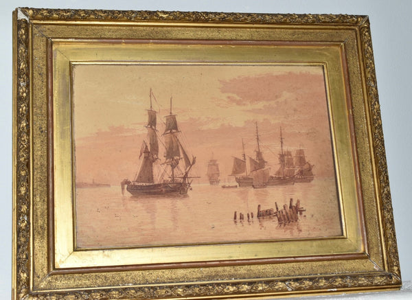 Antique Watercolour Ships at Sea Unsigned Sepia Tint