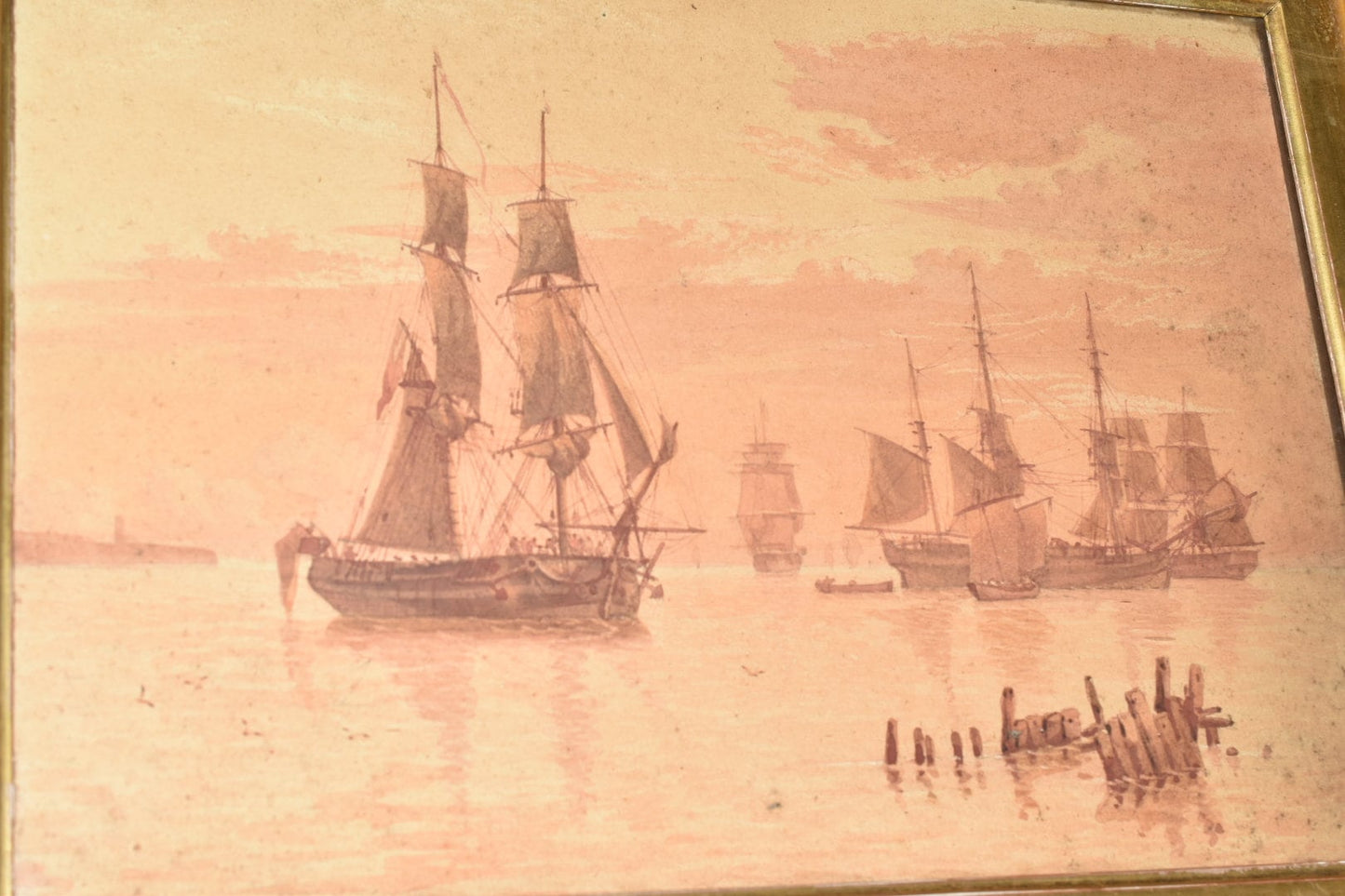 Antique Watercolour Ships at Sea Unsigned Sepia Tint