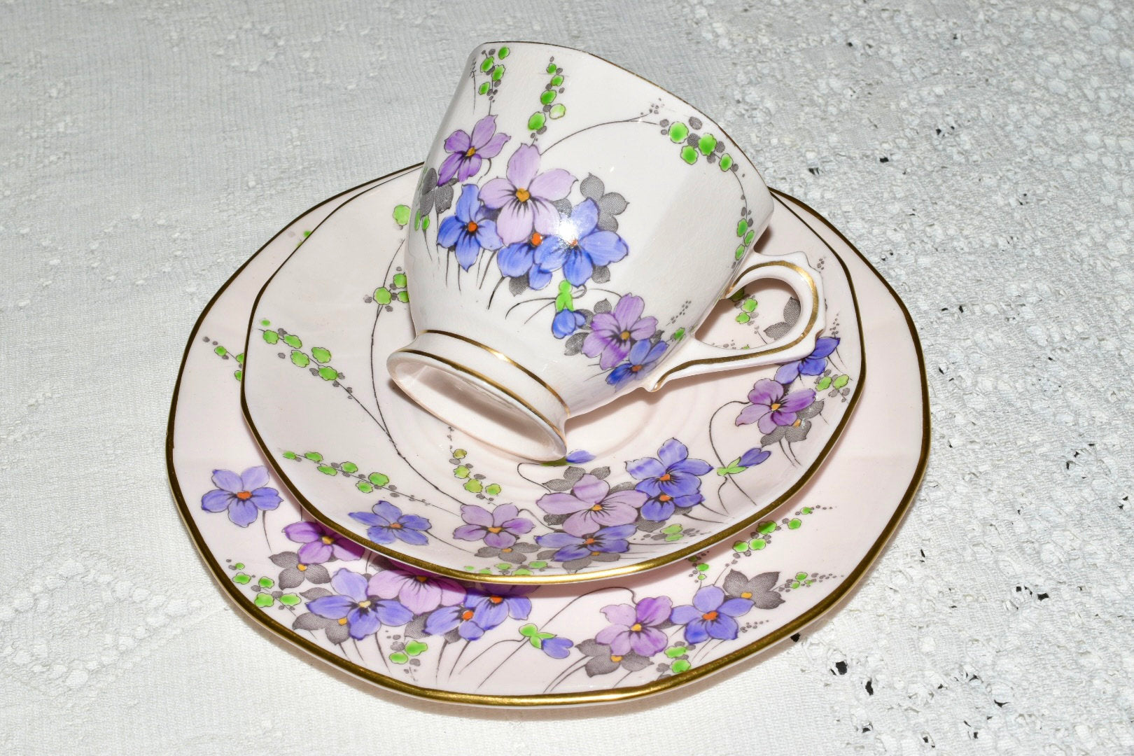 Pretty Pink Tea Set Tuscan Pink Purple Flower Teacups Saucer for 6 English Afternoon Tea Party
