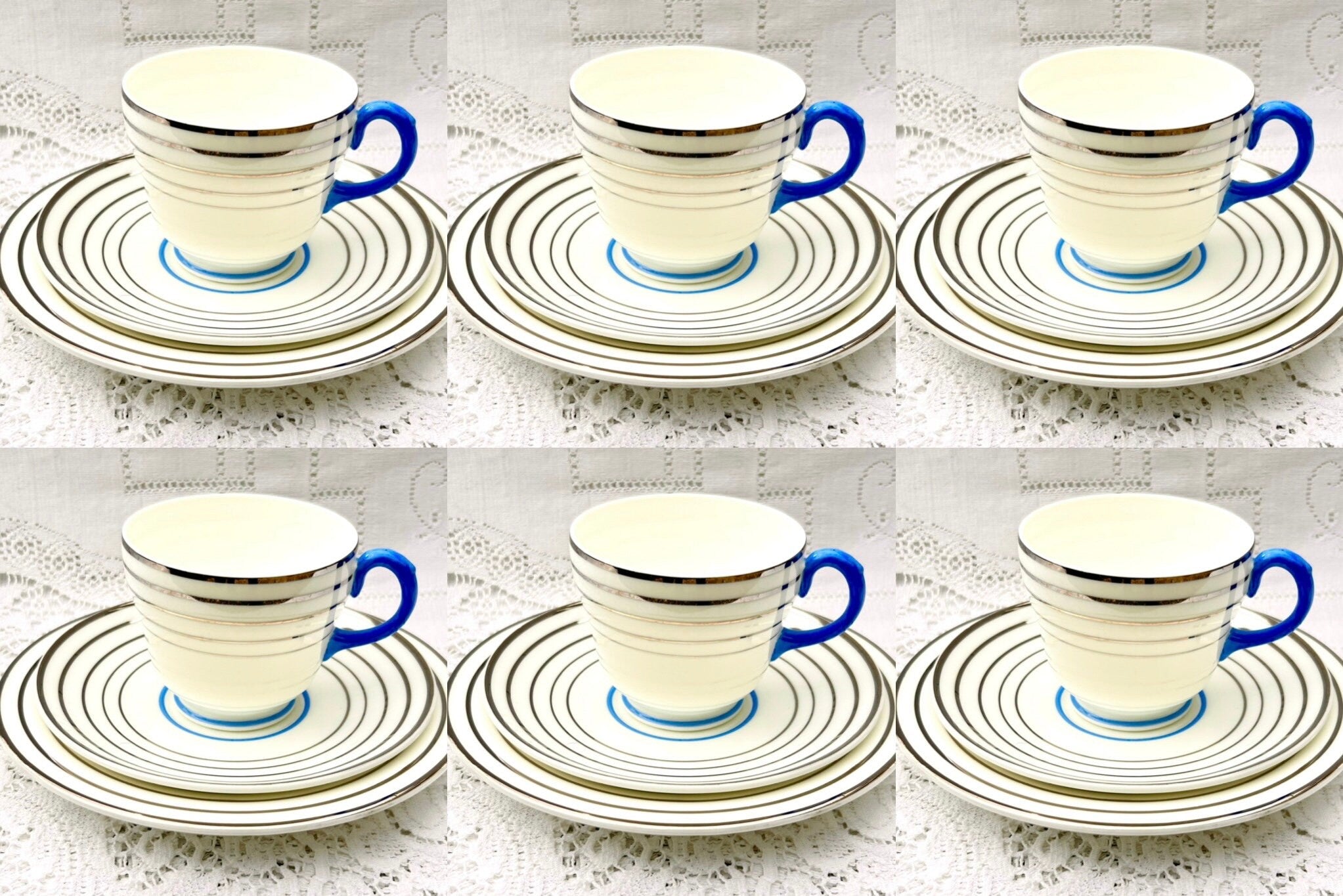 RARE Wedgwood Art Deco Tea Set Tea cups saucers blue white silver bands